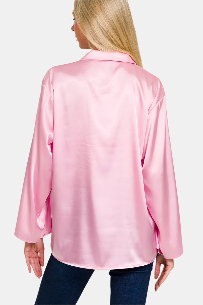 Satin Button Down Shirt / SILVER