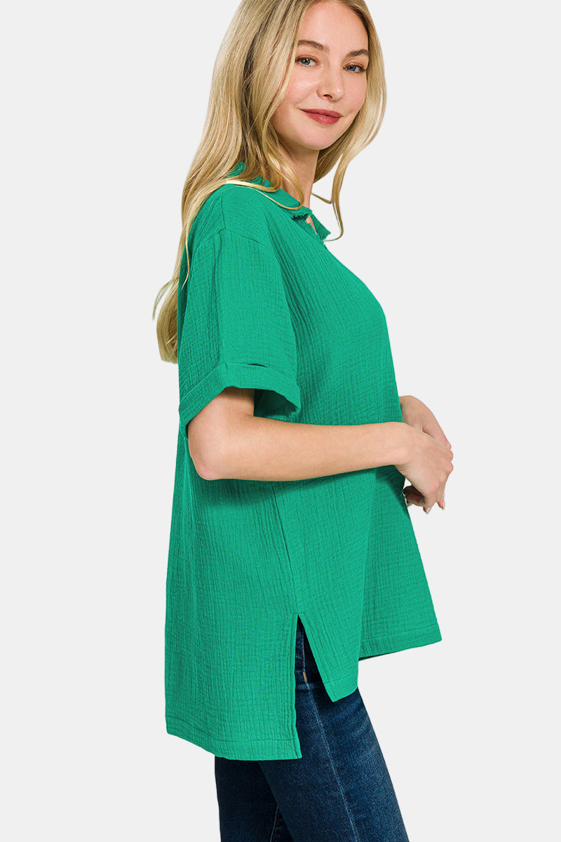 Double Gauze V-Neck Short Sleeve Top / LT GREY