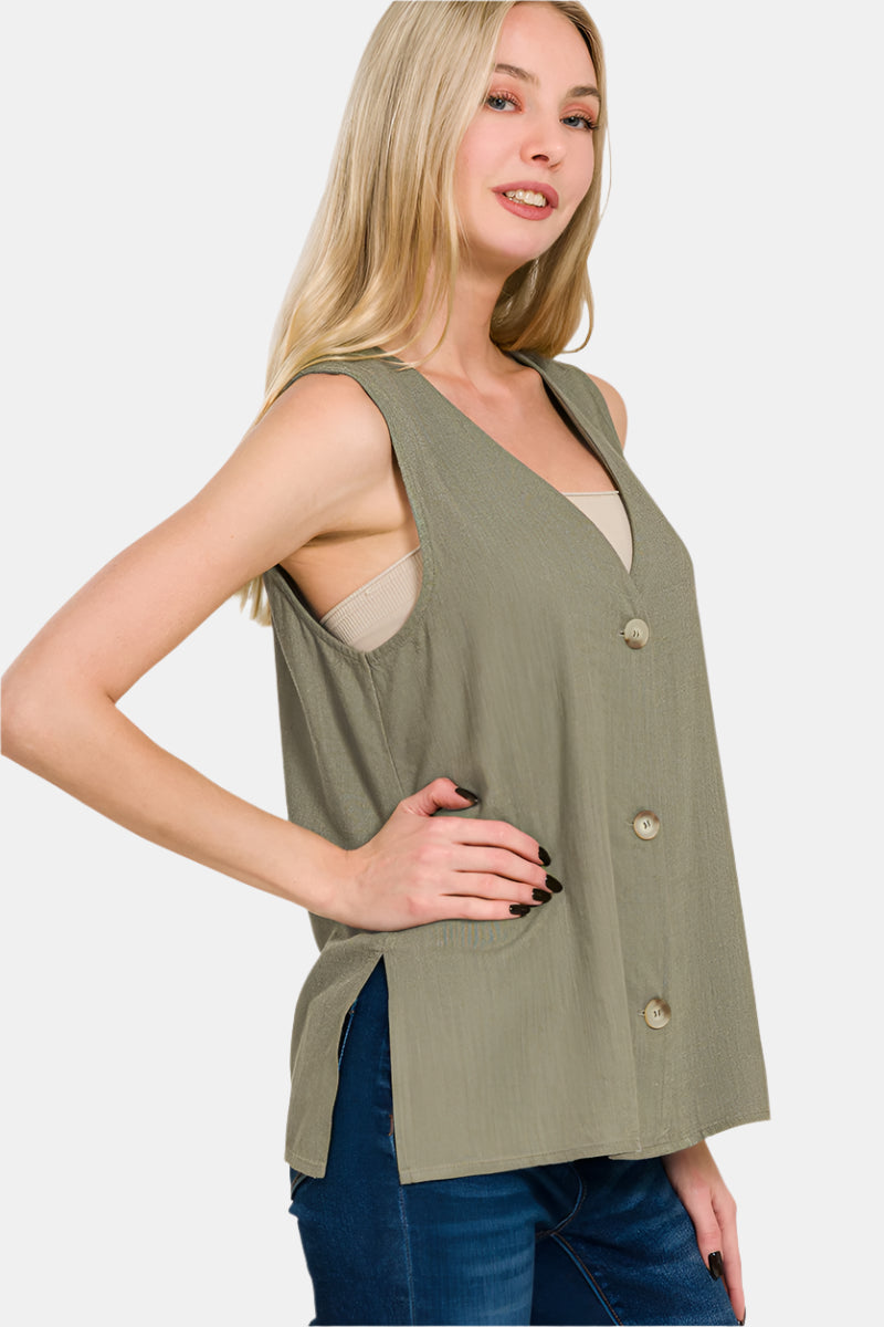 Linen 3 Button Vest / BLACK