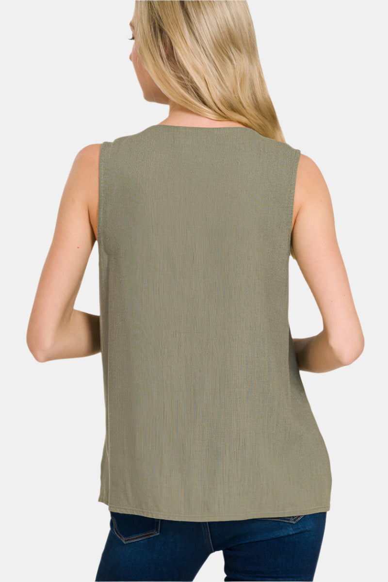 Linen 3 Button Vest / BLACK