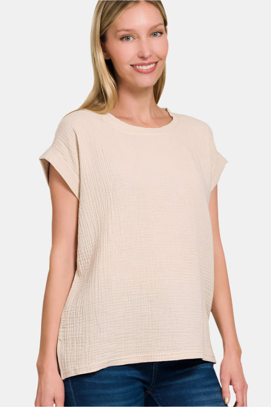 Double Gauze Round Neck Folded Short Sleeve Top / SAND BEIGE