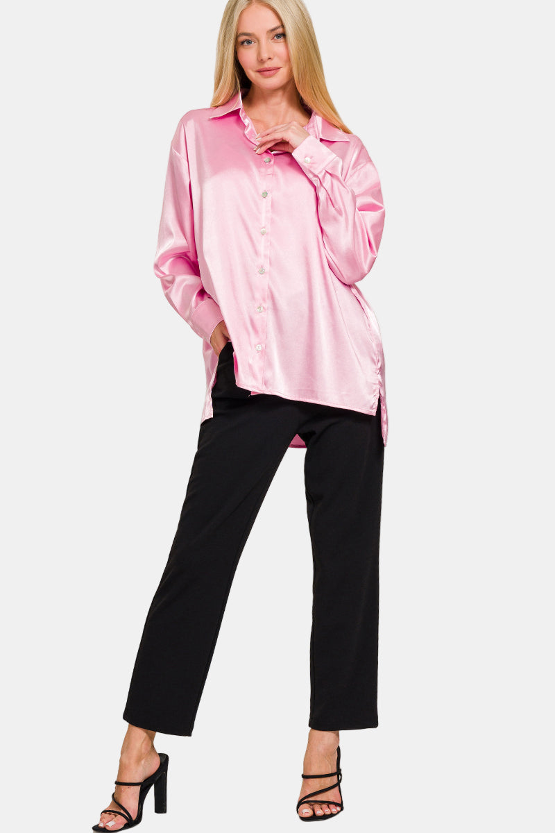 Satin Button Down Shirt / DK GREEN