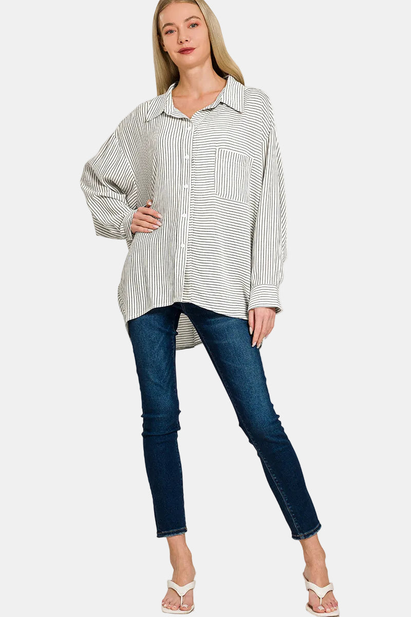 Woven Stripe Button Down Shirt / RED