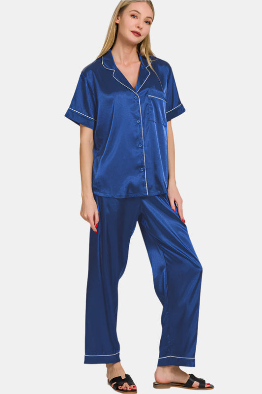 Satin Pajama Set / LT NAVY