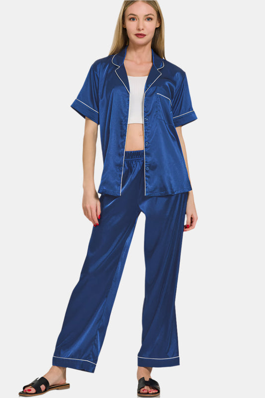 Satin Pajama Set / LT NAVY