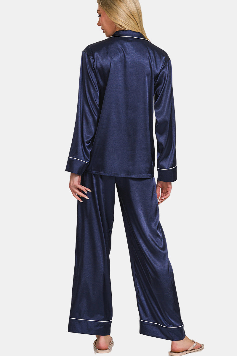 Satin Long Sleeve Pajama Set / BLACK
