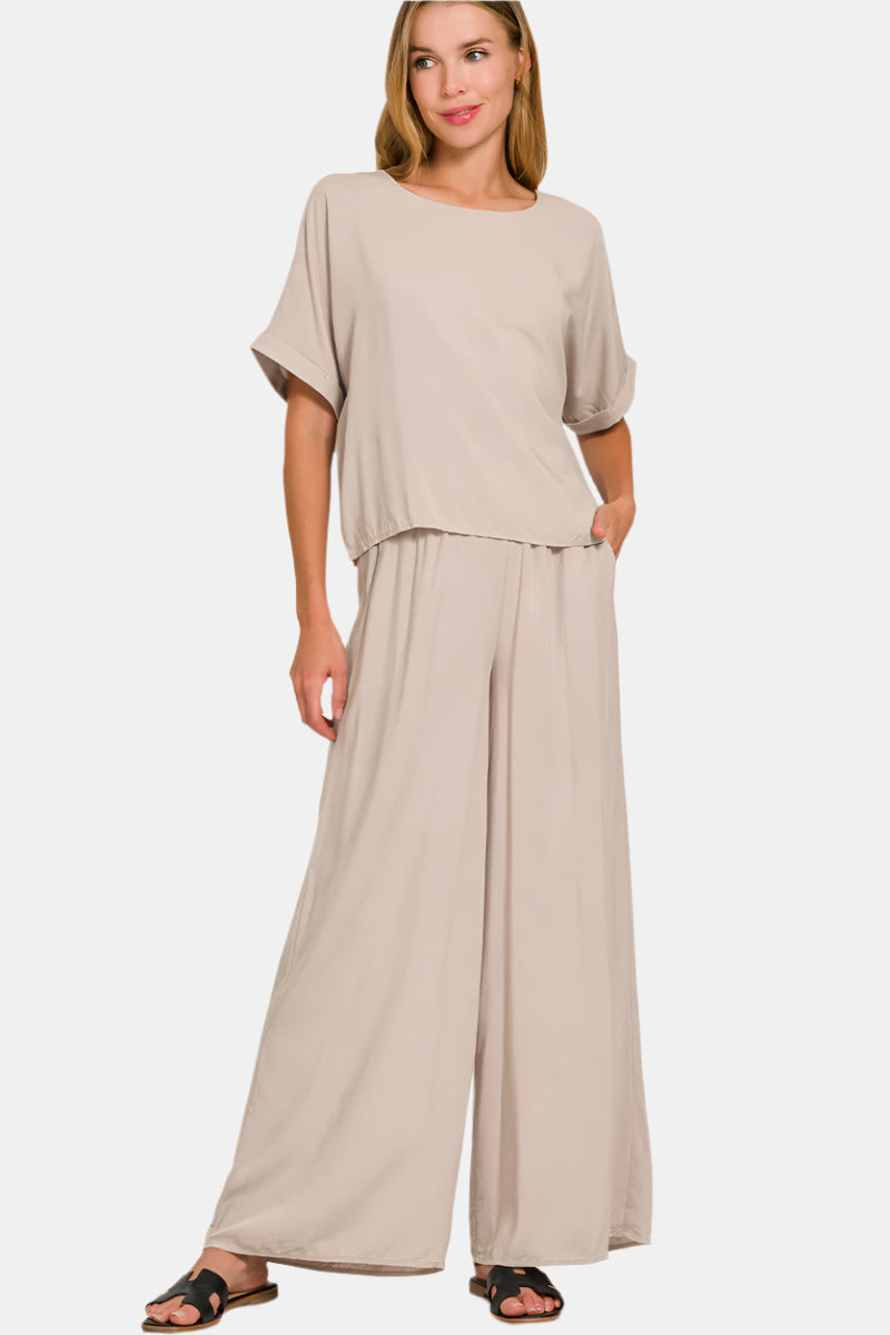 Woven Short Sleeve & Long Pants Set / ASH MOCHA
