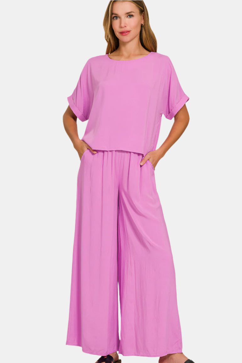 Woven Short Sleeve & Long Pants Set / BRIGHT MAUVE