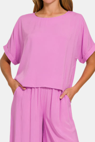 Woven Short Sleeve & Long Pants Set / BRIGHT MAUVE