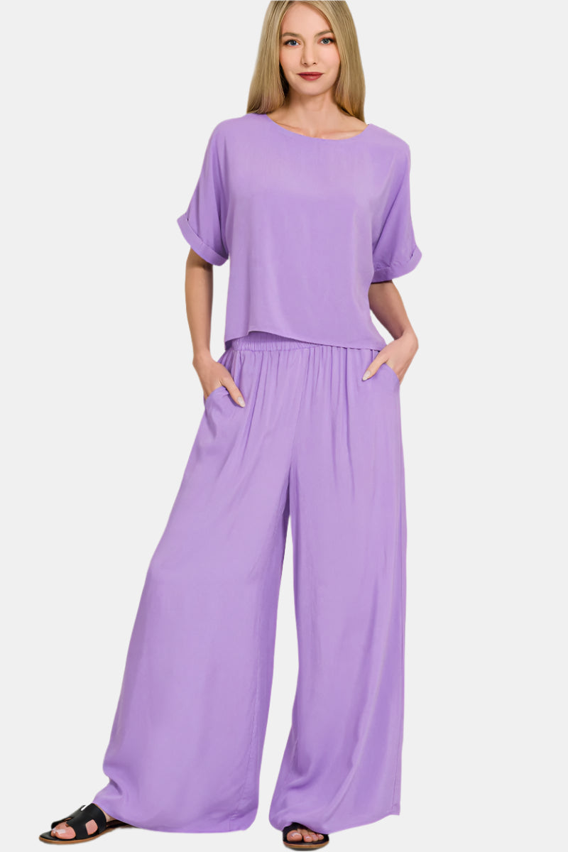 Woven Short Sleeve & Long Pants Set / LAVENDER