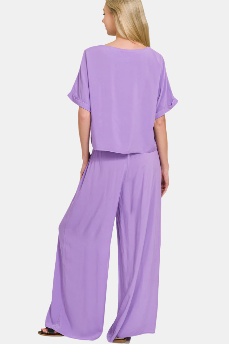 Woven Short Sleeve & Long Pants Set / LAVENDER