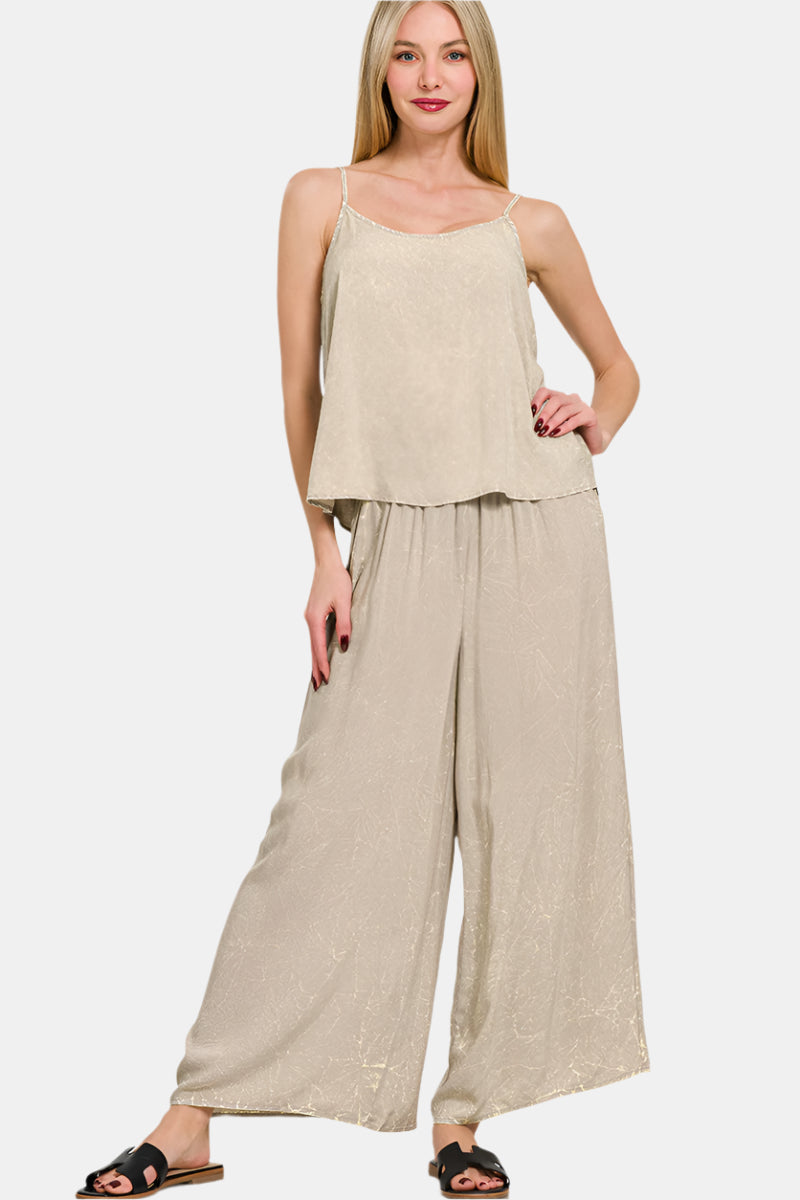 Woven Crinkle Acid Washed Cami & Pants Set / ASH MOCHA