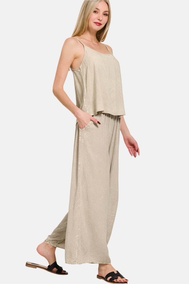 Woven Crinkle Acid Washed Cami & Pants Set / ASH MOCHA