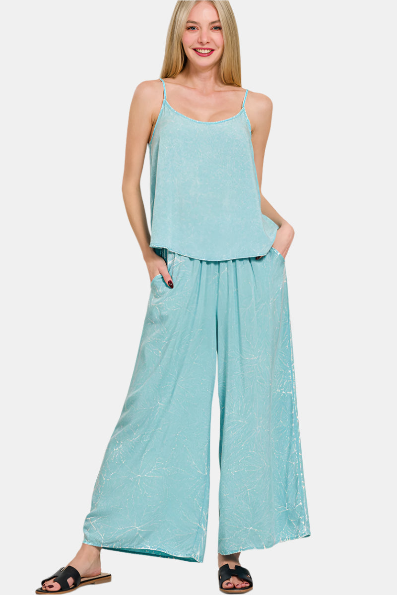 Woven Crinkle Acid Washed Cami & Pants Set / DUSTY TEAL