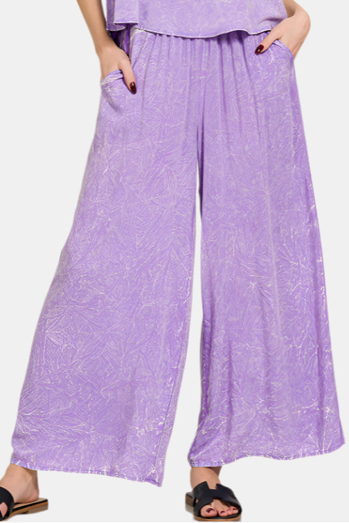 Woven Crinkle Acid Washed Cami & Pants Set / LAVENDER