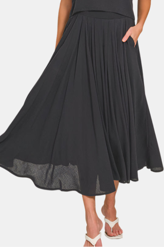 Woven Crinkle Gauze Crop Tee & Skirt Set / BLACK