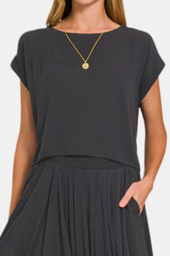 Woven Crinkle Gauze Crop Tee & Skirt Set / BLACK