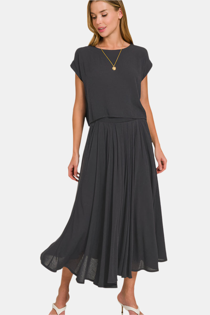 Woven Crinkle Gauze Crop Tee & Skirt Set / BLACK