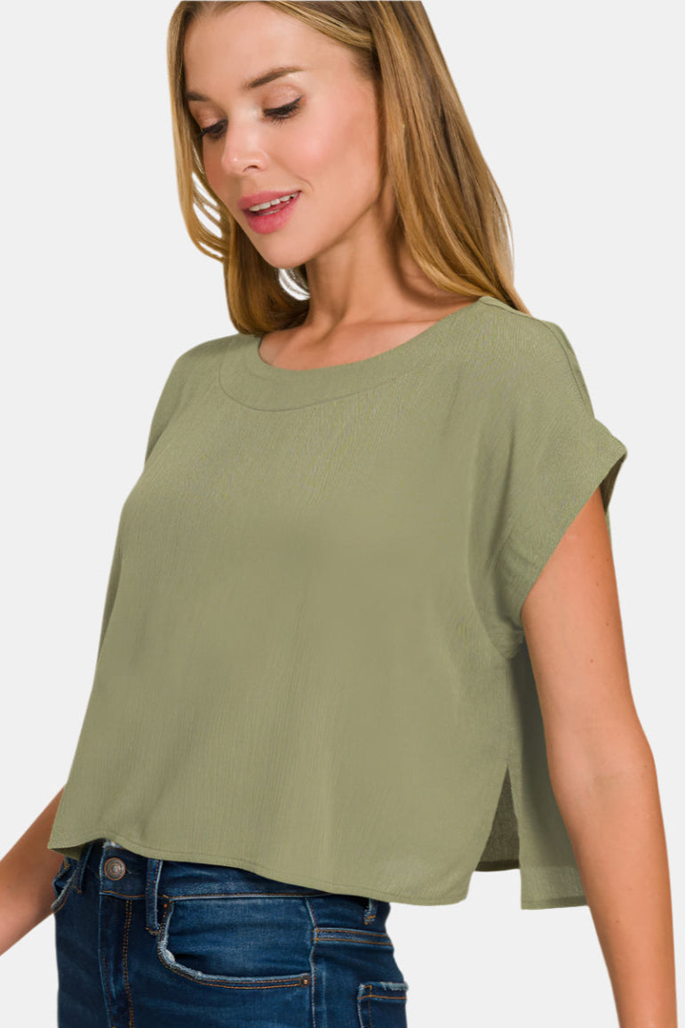Woven Crinkle Gauze Crop Tee & Skirt Set / DUSTY BLUE