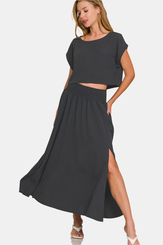Heavy Woven Span Crop Tee & Skirt Set / BLACK