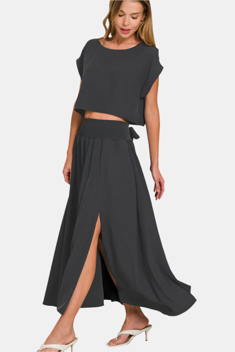 Heavy Woven Span Crop Tee & Skirt Set / BLACK