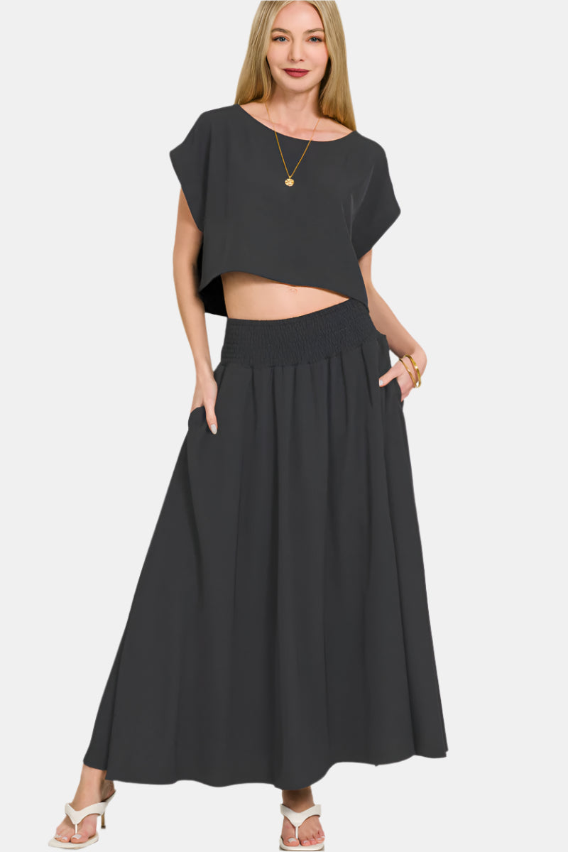 Heavy Woven Span Crop Tee & Skirt Set / BLACK