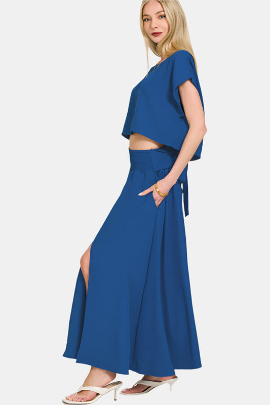 Heavy Woven Span Crop Tee & Skirt Set / LT NAVY