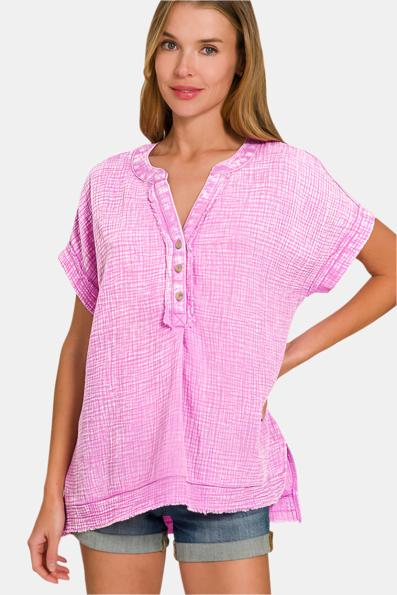 Washed Double Gauze 3/4 Button Henley Neck Shirt / BRIGHT MAUVE
