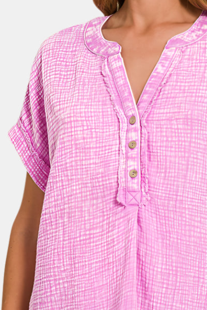 Washed Double Gauze 3/4 Button Henley Neck Shirt / BRIGHT MAUVE