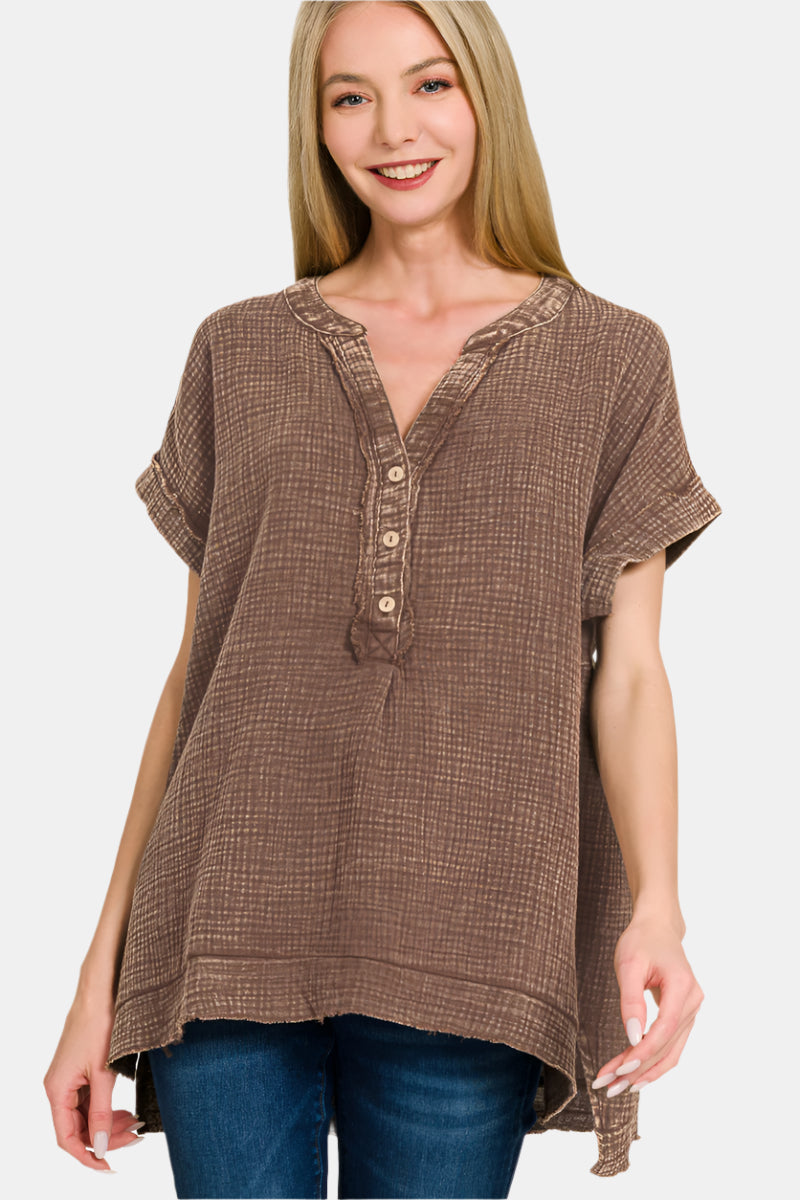 Washed Double Gauze 3/4 Button Henley Neck Shirt / BROWN