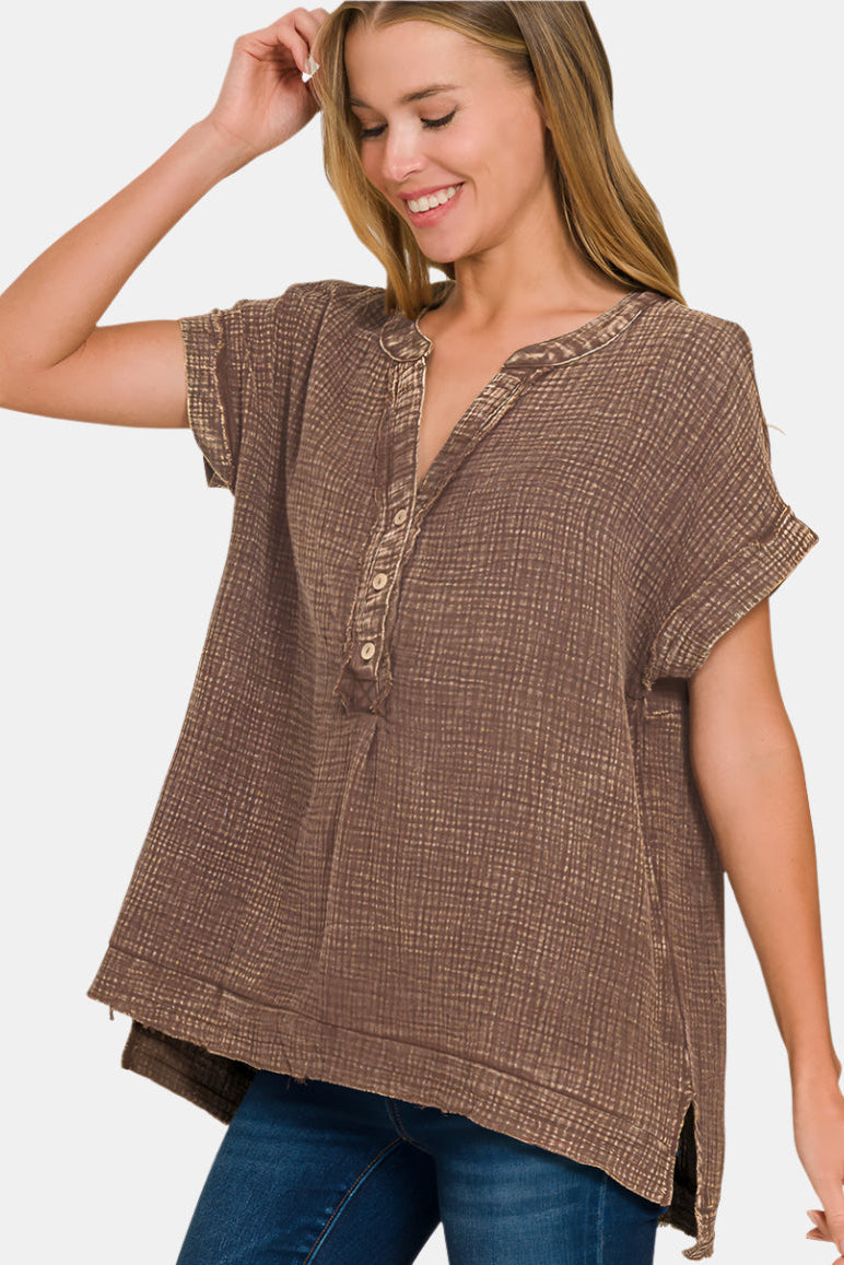 Washed Double Gauze 3/4 Button Henley Neck Shirt / BROWN