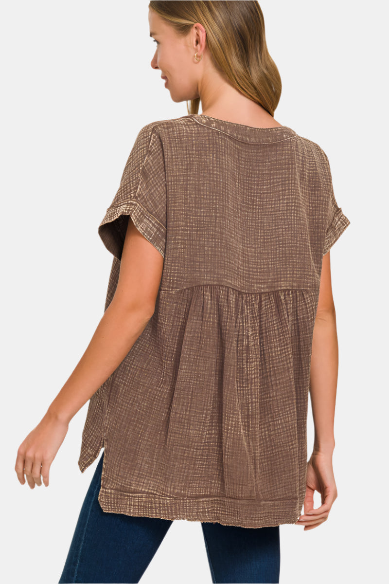 Washed Double Gauze 3/4 Button Henley Neck Shirt / BROWN