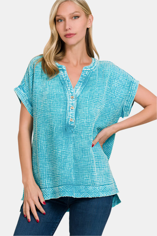 Washed Double Gauze 3/4 Button Henley Neck Shirt / LT TEAL