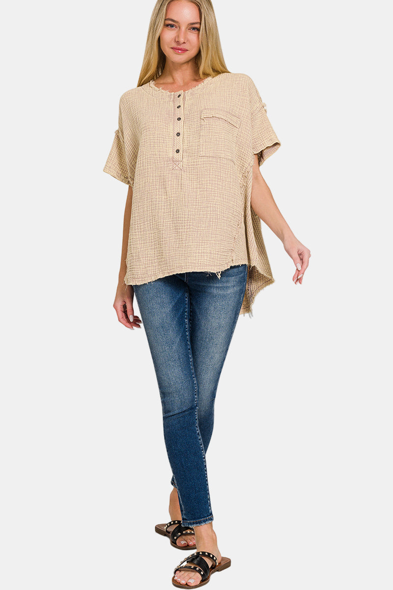 Washed Double Gauze 3/4 Button Henley Neck Top / ASH BLACK
