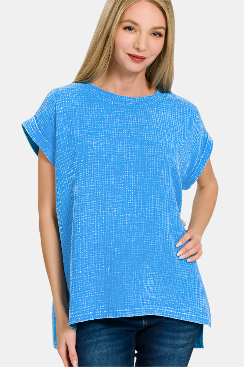 Woven Double Gauze Acid Washed Short Sleeve Top / DEEP SKY