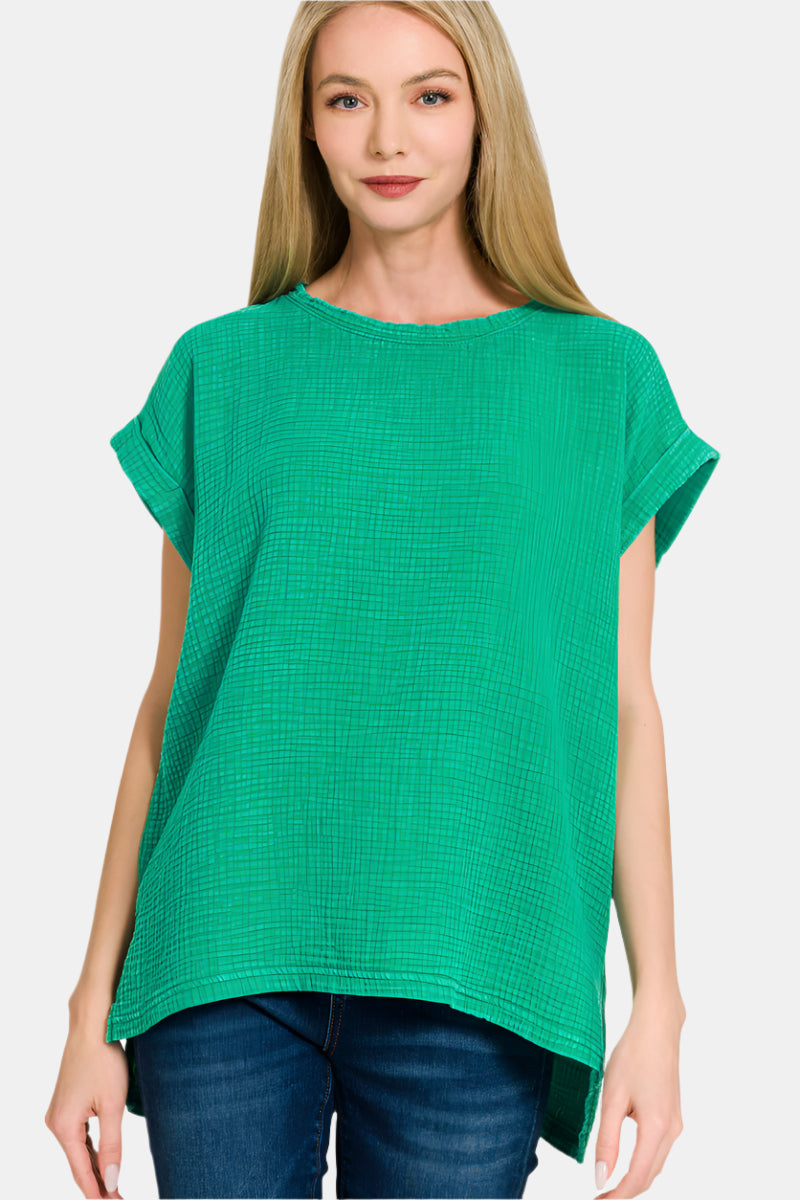 Woven Double Gauze Acid Washed Short Sleeve Top / K GREEN