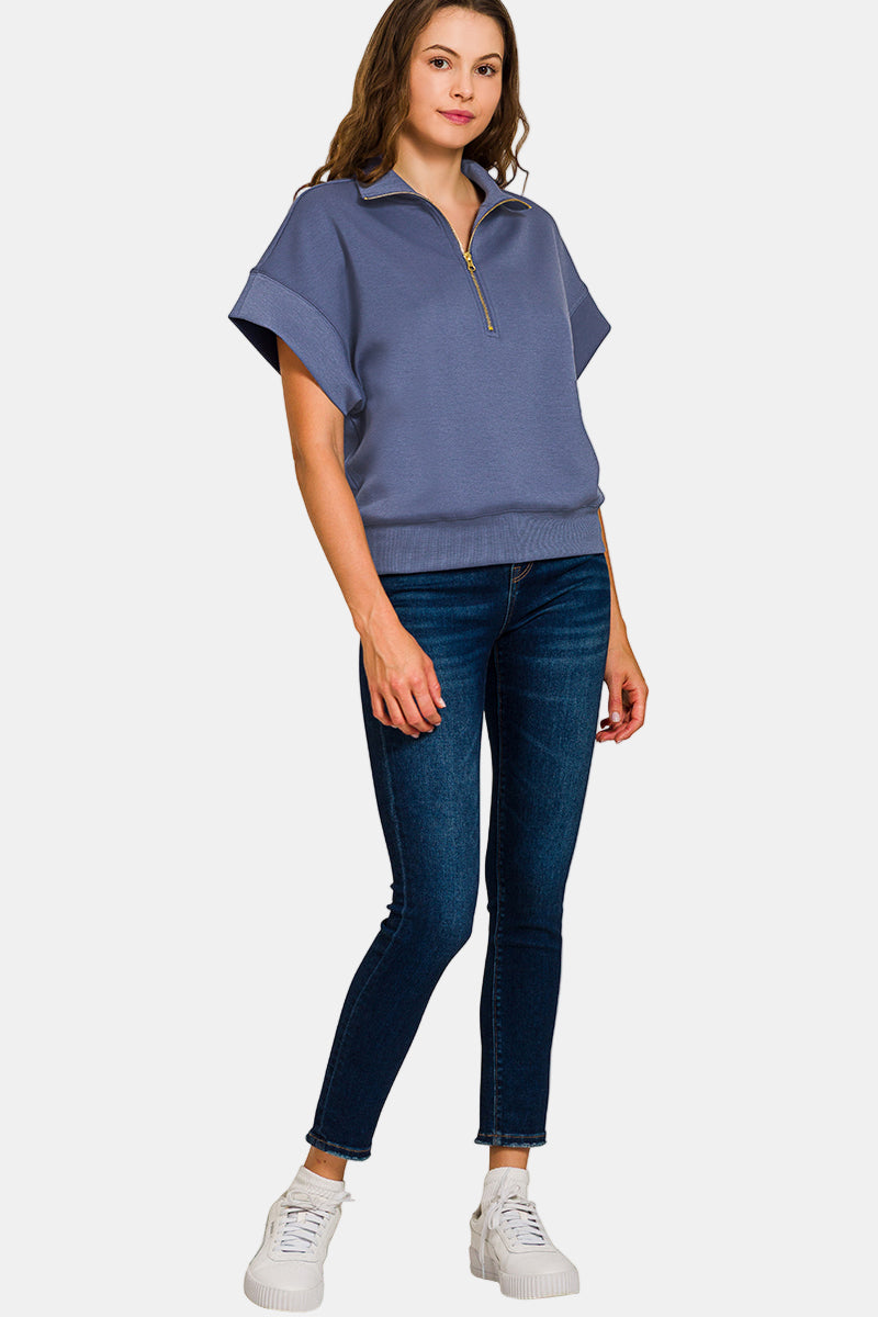 Scuba High Neck Half Zip Short Sleeve Pullover / TAN ROSE