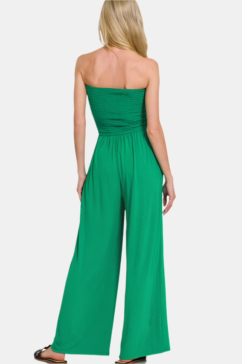Smocked Tube Top Jumpsuit / BLACK