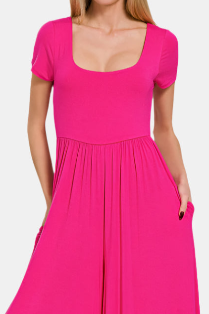 Double Layered Short Sleeve Jumpsuit / HOT PINK