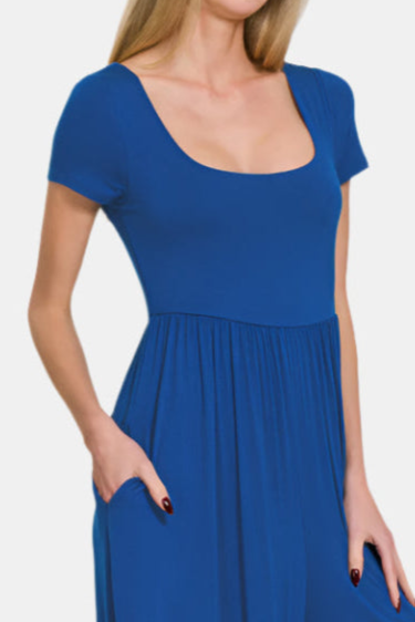 Double Layered Short Sleeve Jumpsuit / LT NAVY