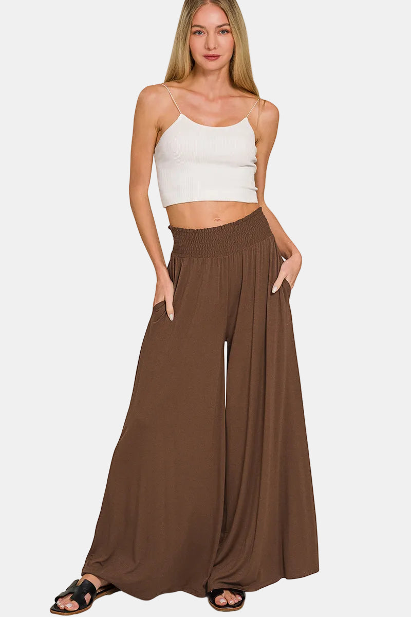 Smocked Waist Wide Leg Palazzo Pants / BLACK