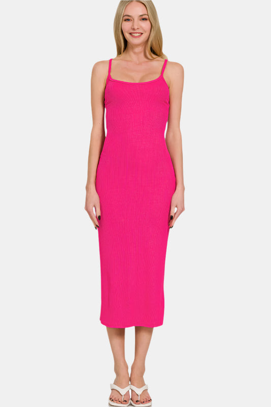 Ribbed Bodycon Midi Dress / HOT PINK