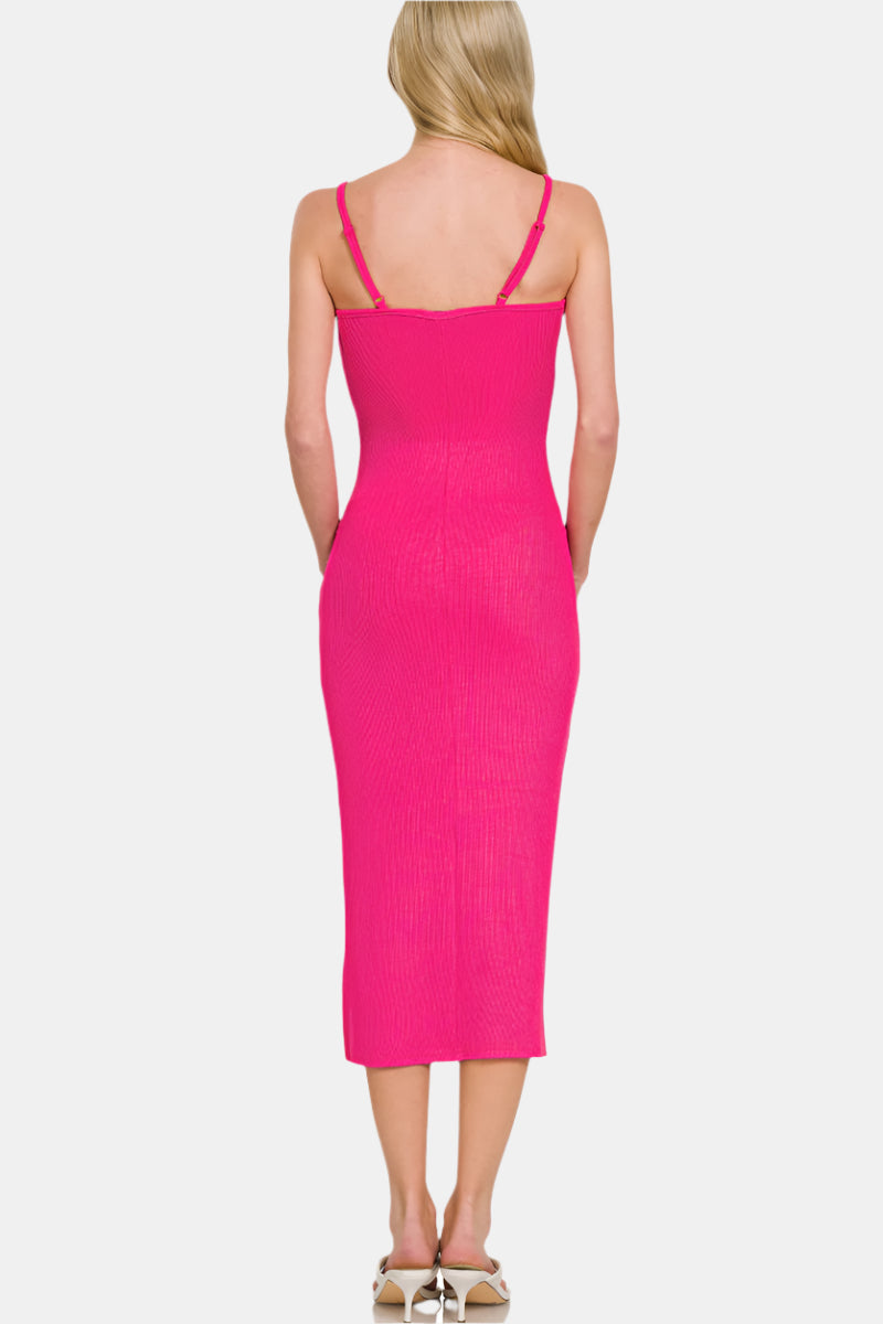 Ribbed Bodycon Midi Dress / HOT PINK