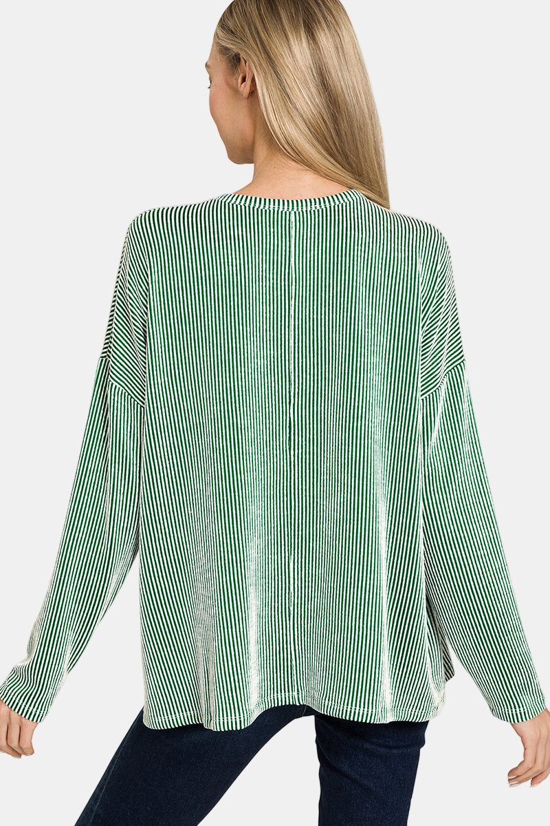 Ribbed Striped Oversized Long Sleeve Top / BRIGHT BLUE