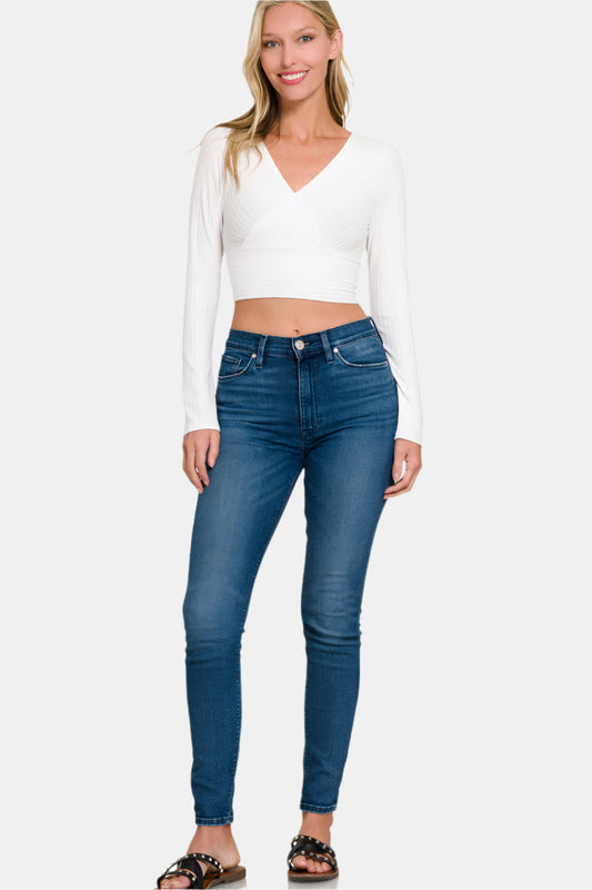 Ribbed Surplice Waist Band Long Sleeve Top / OFF WHITE