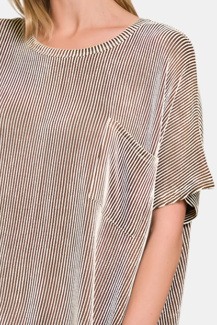 Corded Rib Oversized Short Sleeve Top / BROWN