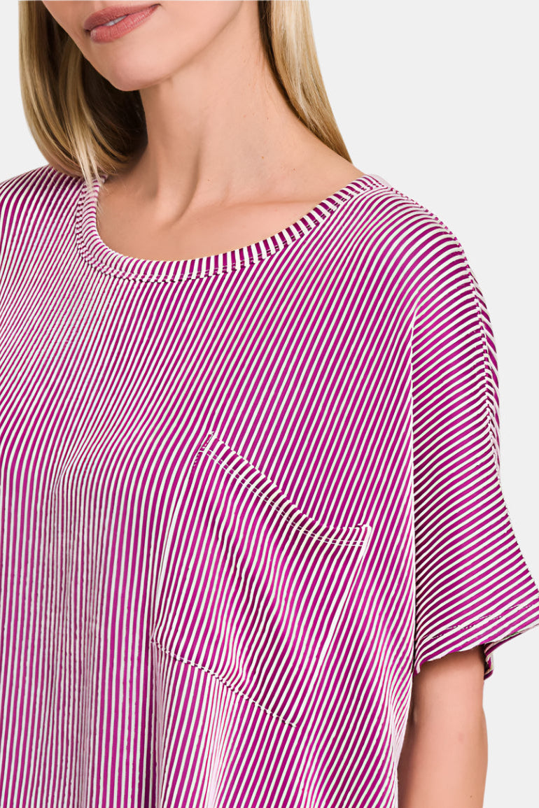 Corded Rib Oversized Short Sleeve Top / BROWN