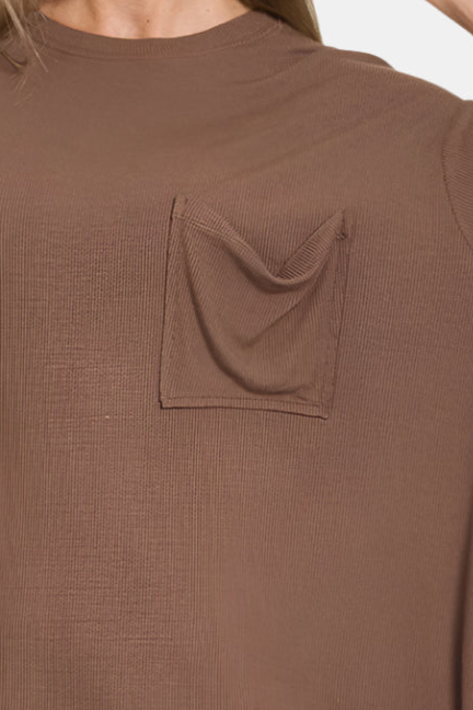 Oversized Ribbed Round Neck Short Sleeve Tee / BROWN