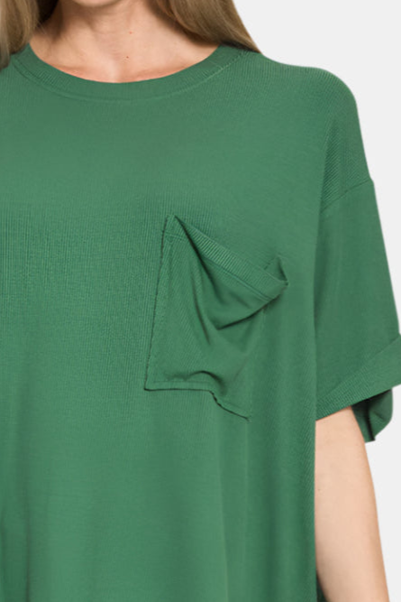 Oversized Ribbed Round Neck Short Sleeve Tee / DK GREEN