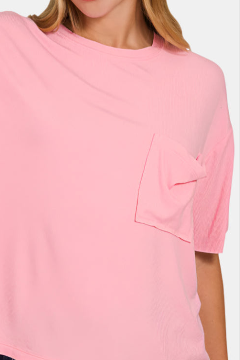 Oversized Ribbed Round Neck Short Sleeve Tee / DK PINK